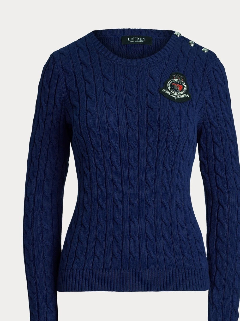 Ralph Lauren Navy Cable-Knit Crewneck Sweater with Crest